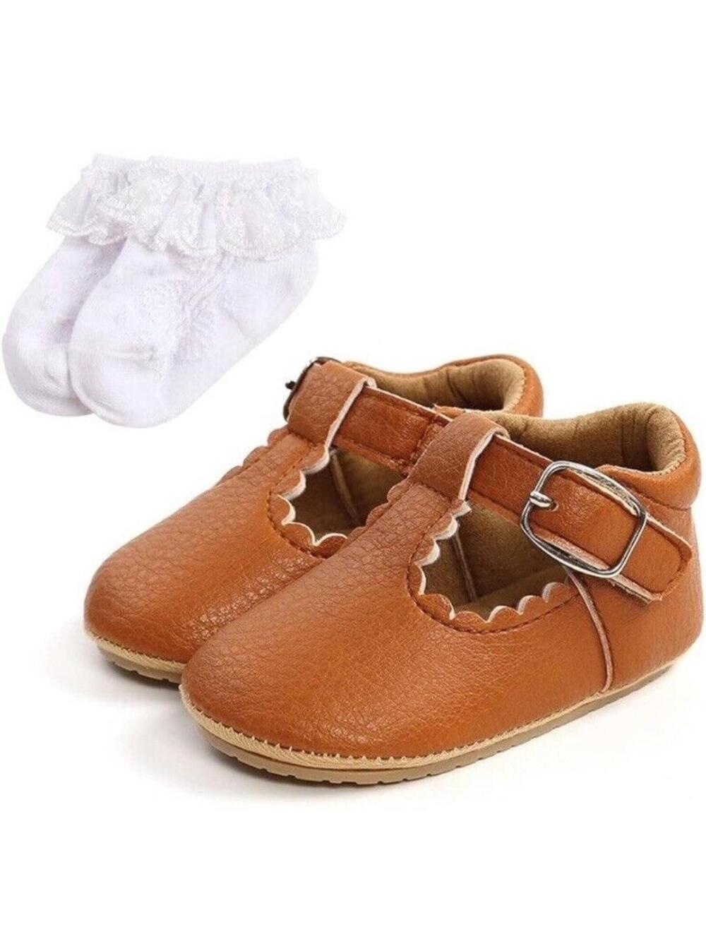 Baby Girl Pre-Walking Shoes 0-6 Month Mary Jane Brown Tan Soft Anti-Slip With Wh - Picture 1 of 6